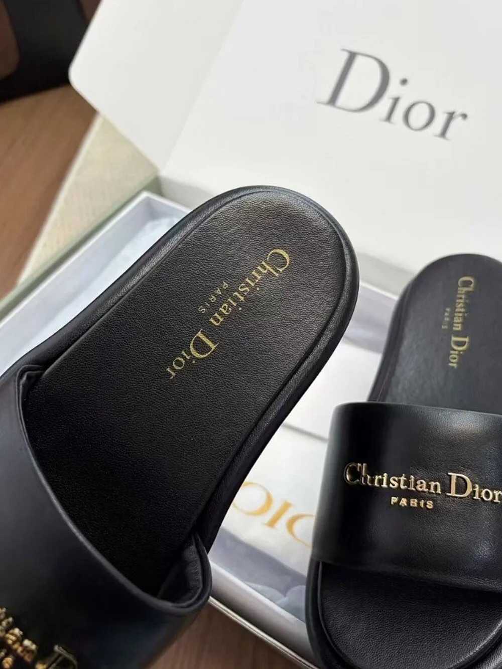 Christian Dior Black Calfskin Gold Logo Platform Slide Sandals